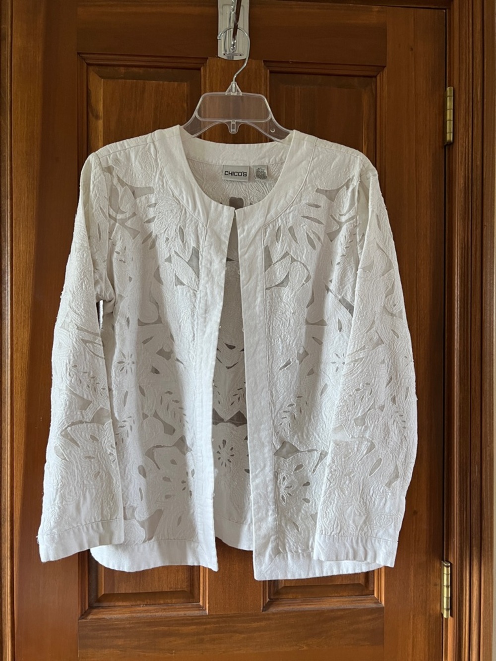 Chico's White Open-Front Embroidered Cutwork Jacket